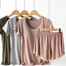 纯色宽松大码吊带T恤打底衫套装女士外穿带胸垫瑜伽运动短袖套装