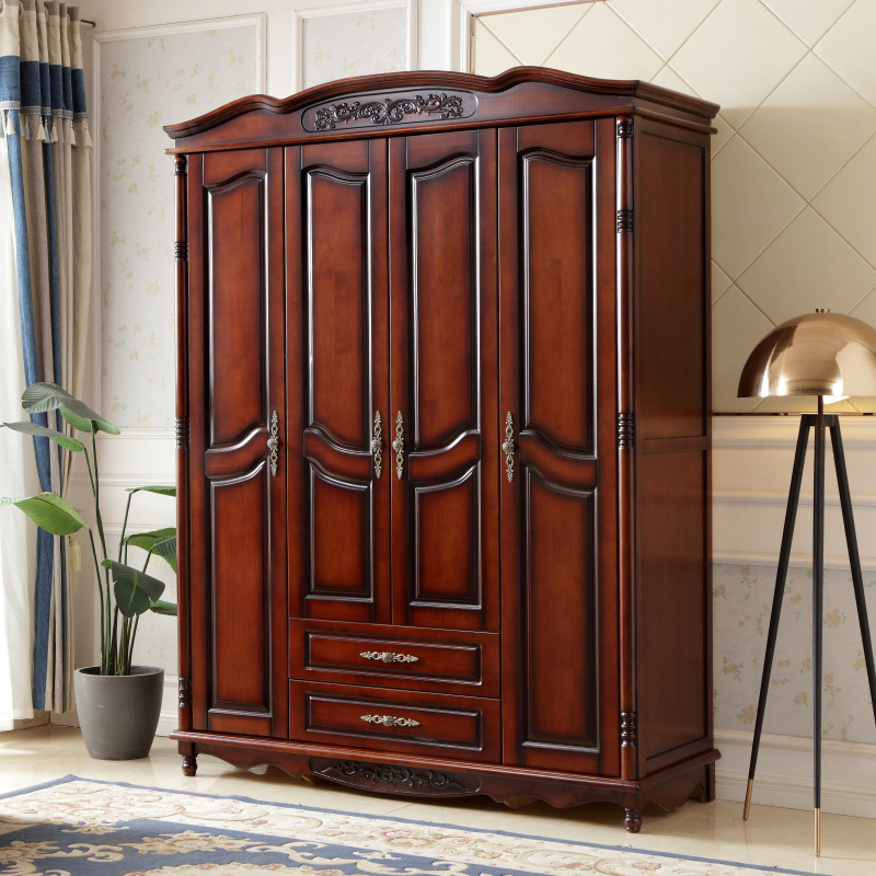 欧式实木衣柜3门4门美式5门大衣橱卧室做旧罗马柱家用组装储物柜