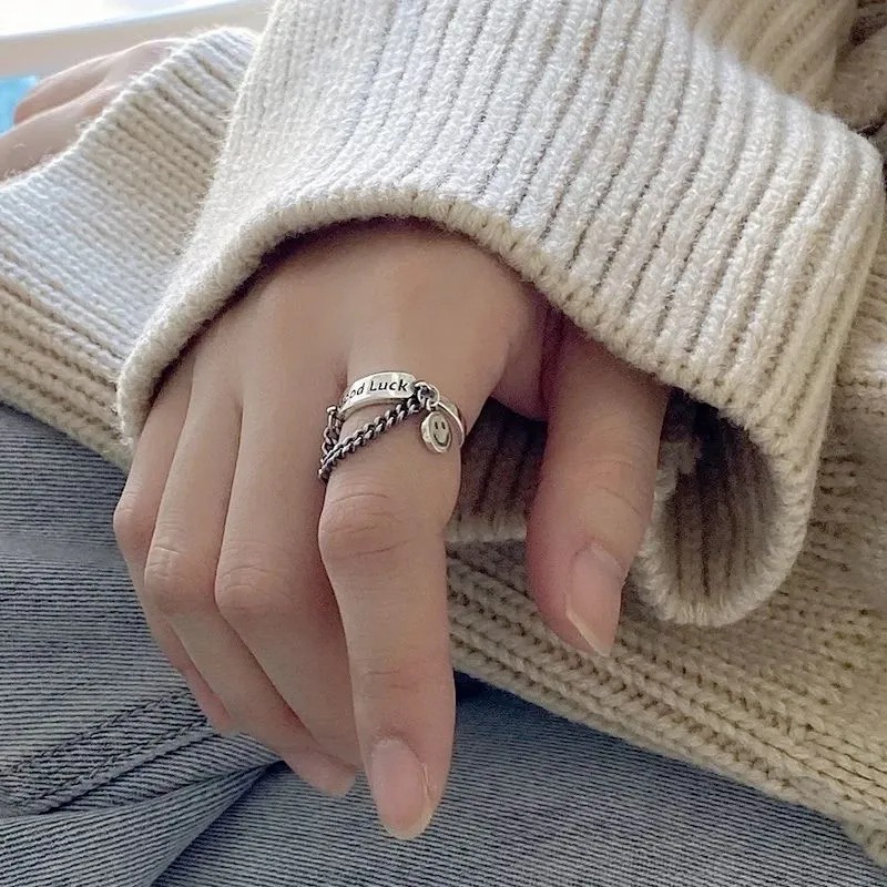2021新款双层笑脸戒指女goodluck流苏食指戒大拇指叠戴套装开口