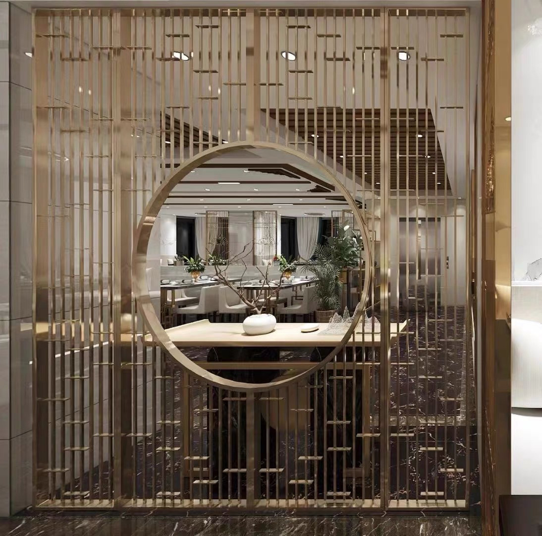 酒店大堂餐厅装饰艺术设计玄关圆形隔断屏风新中式不锈钢景墙屏风