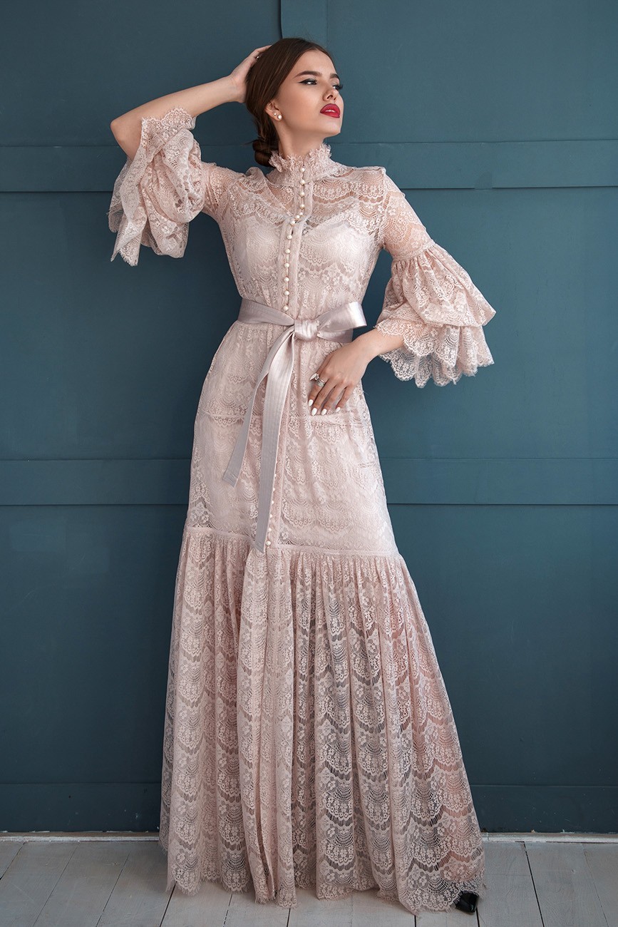 2022气质通勤不规则纯色蕾丝裙中腰及腰珍珠纽扣长裙晚礼服