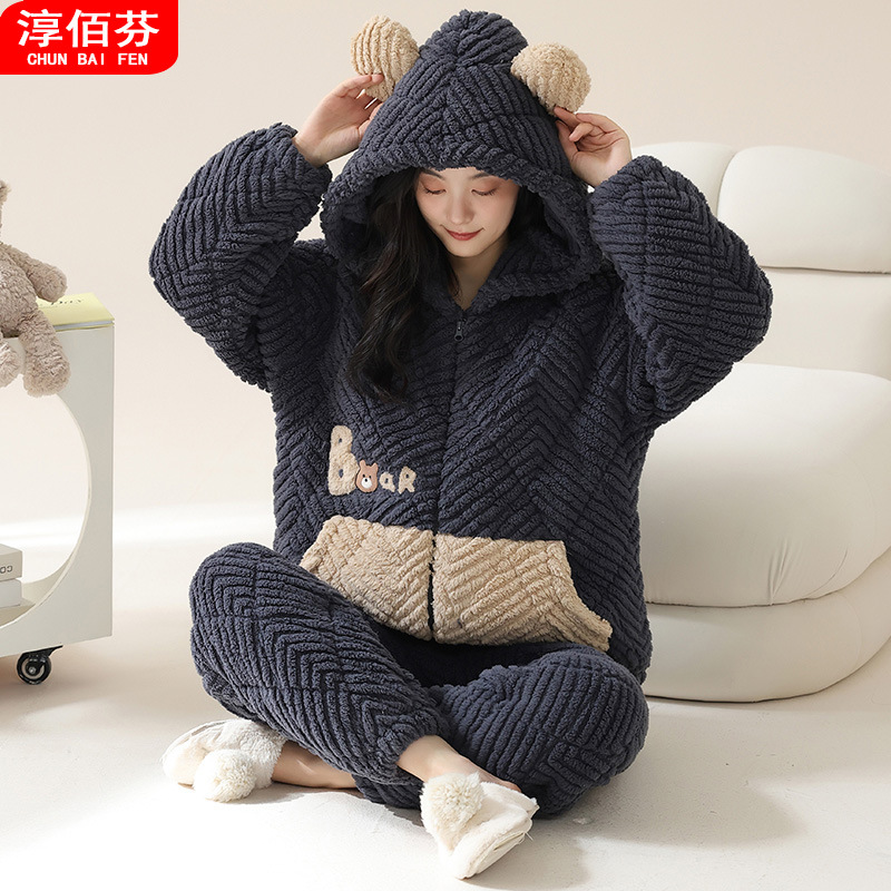 autumn and winter coral velvet pajamas women‘s three-layer quilted fleece lined padded warm keeping flannel homewear suit winter