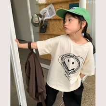儿童纯棉t恤中大童短袖童装2023夏款韩版女童时尚趣味笑脸t恤上衣