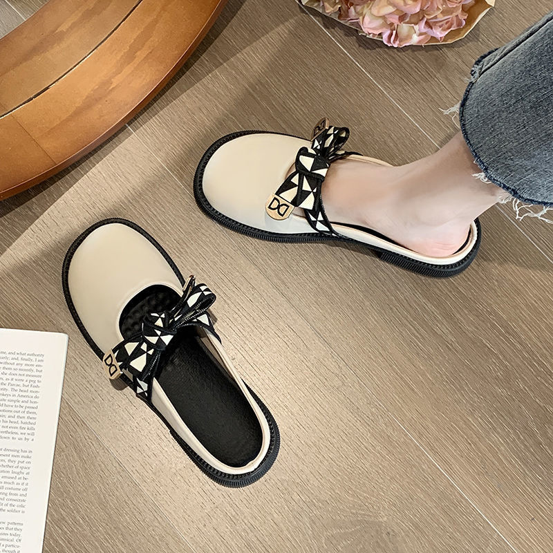 Closed Toe Half Slippers Women's Outer Wear 2022 Spring and Summer New Plaid Bow French Style Small Leather Slipper Muller Platform Slippers