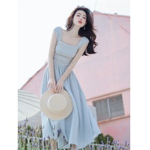 茶歇法式蓝色针织连衣裙小众设计2024夏季气质女装裙子质感高级感