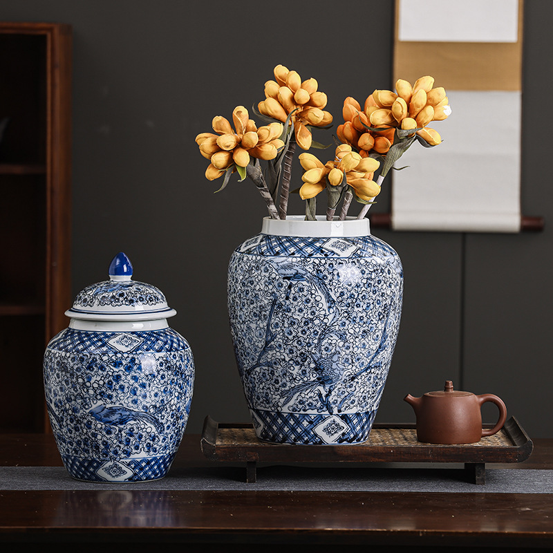 Blue and White Porcelain, New Chinese Style Ceramic Vase, Magpie Plum Blossom, Jingdezhen Zen Living Room Decoration, Flower Arrangement