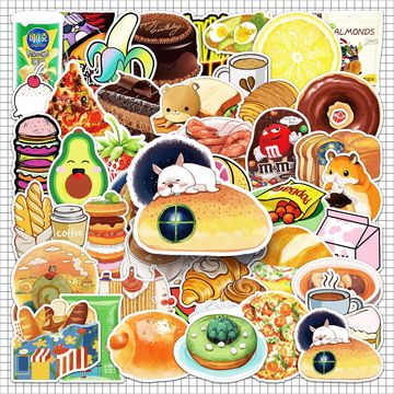 50张食物卡通贴纸美食饮料创意防水装饰冰箱桌子饭盒行李箱贴纸
