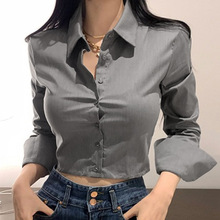 韩国东大门新款修身显瘦性感女人味显身材短款露腰长袖衬衫上衣女