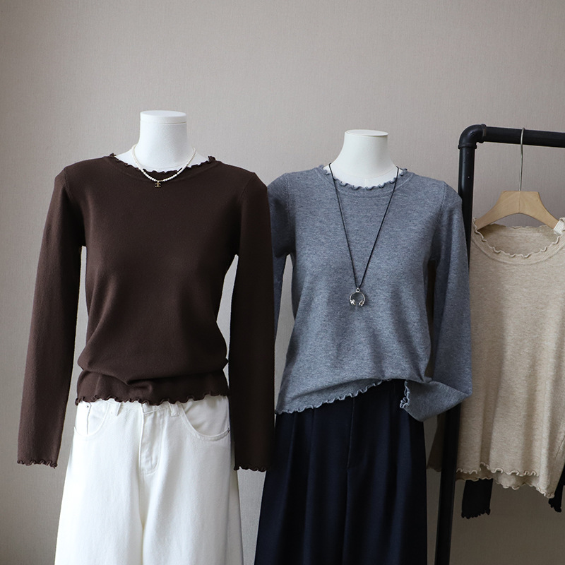 [比正]2025秋冬新韩版简约木耳边圆领针织衫女百搭显瘦打底衫5101