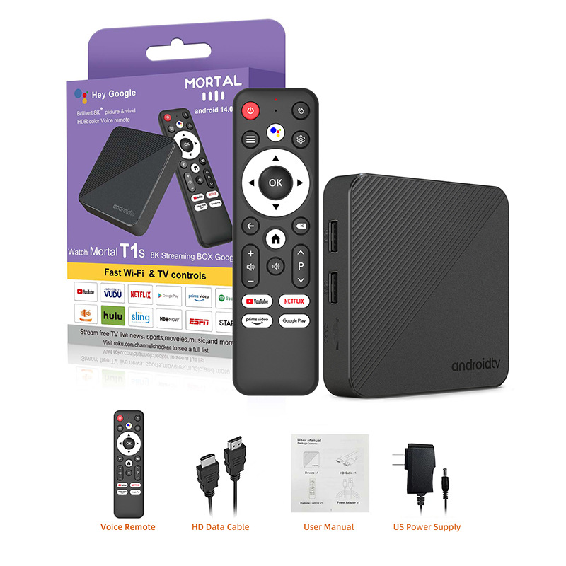新款T1s外贸电视机顶盒 全志H313双wifi高清4K蓝牙语音摇控tv box