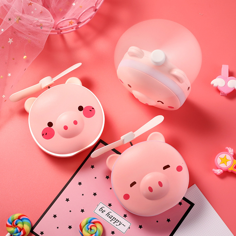 internet celebrity portable piggy fan makeup mirror led makeup mirror mini rechargeable handheld pink piggy dressing fill mirror