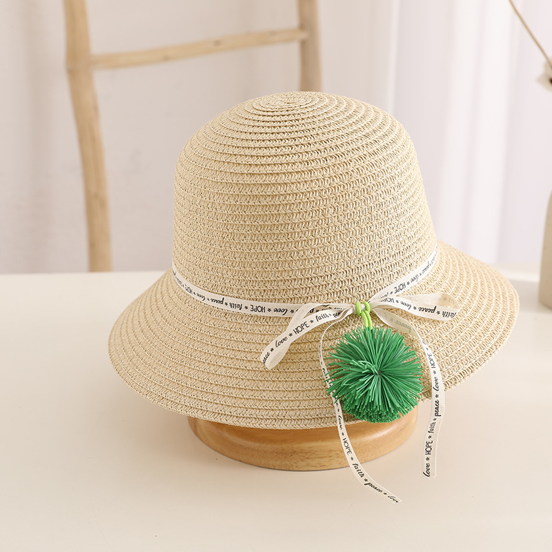 Little Girls' Straw Hat Summer Beach Sun Hat Parent-Child Big Brim Baby Sun Protection Hat Bag Set Small Fur Ball