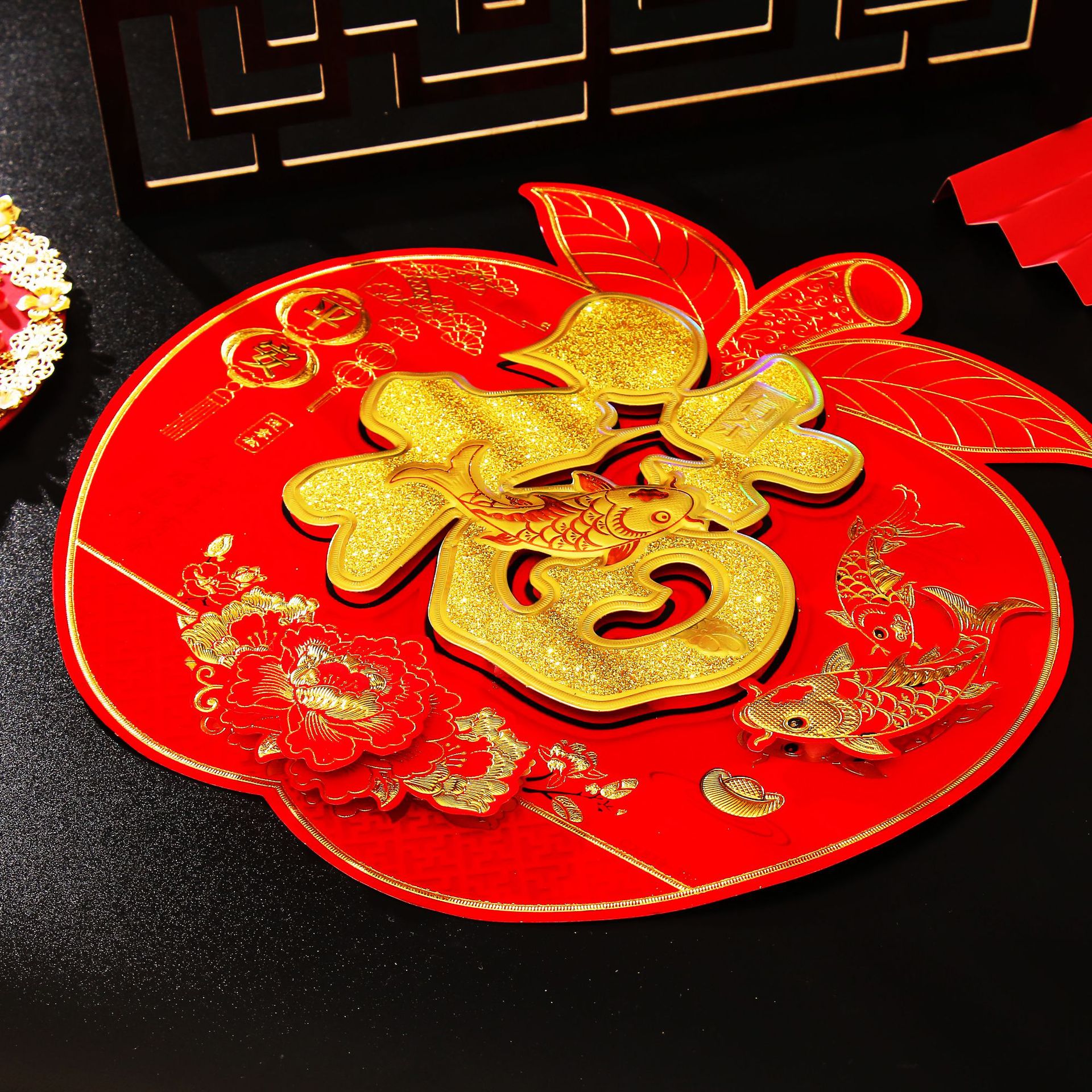 2022虎年平面植绒福字高档植绒金粉立体福字门贴春节年画厂家批发