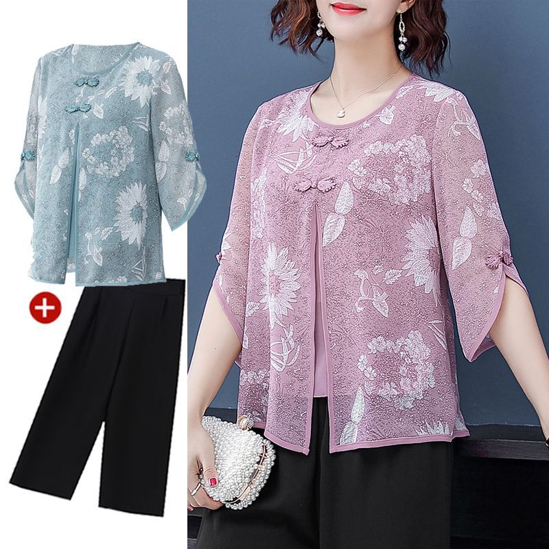 中年妈妈夏装套装两件套50岁阔太太洋气高贵中老年女大码小衫上衣
