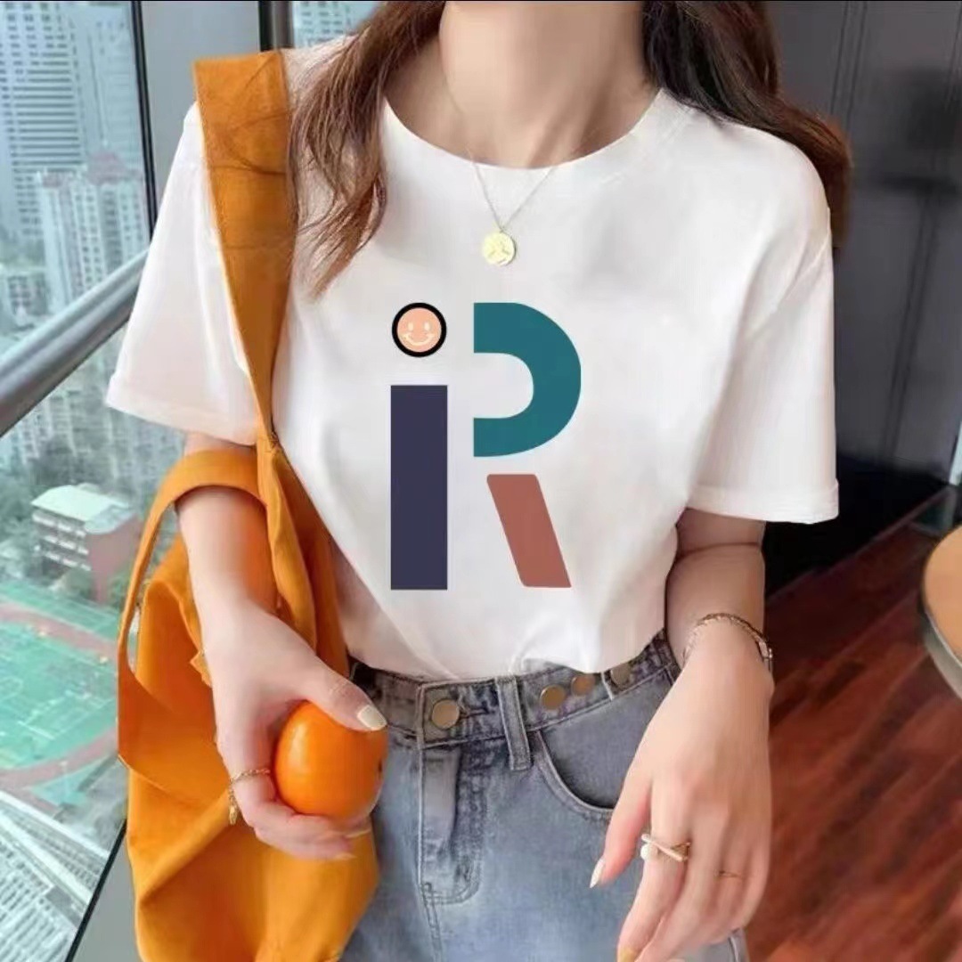 Summer 230G New Shoulder Cotton Large Size Women's Clothing Ins Heavy Cartoon Printed round Neck Loose Short Sleeves T-shirt