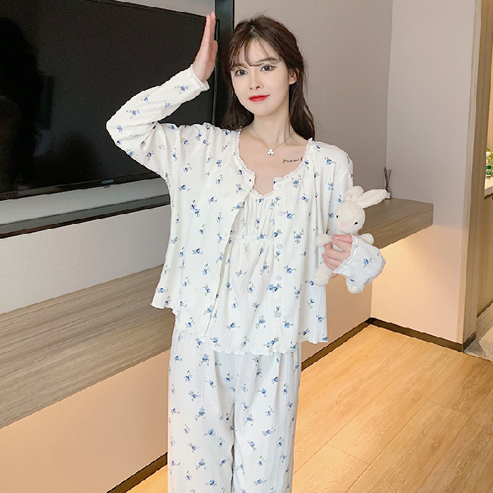 Spring, Summer and Autumn Cotton Pajamas Women's New Long-Sleeved Trousers Sexy Floral Home Wear Loose Three-Piece Suit Can Be Worn outside