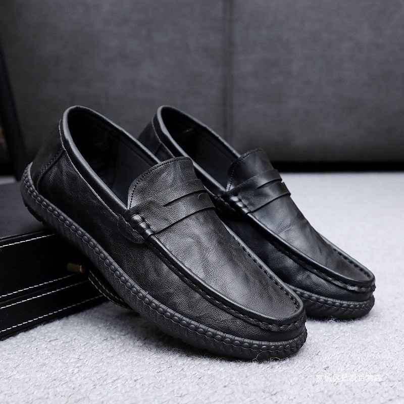 真软皮爸爸鞋2022新款休闲皮鞋男防滑软底中老年豆豆鞋一脚蹬男鞋