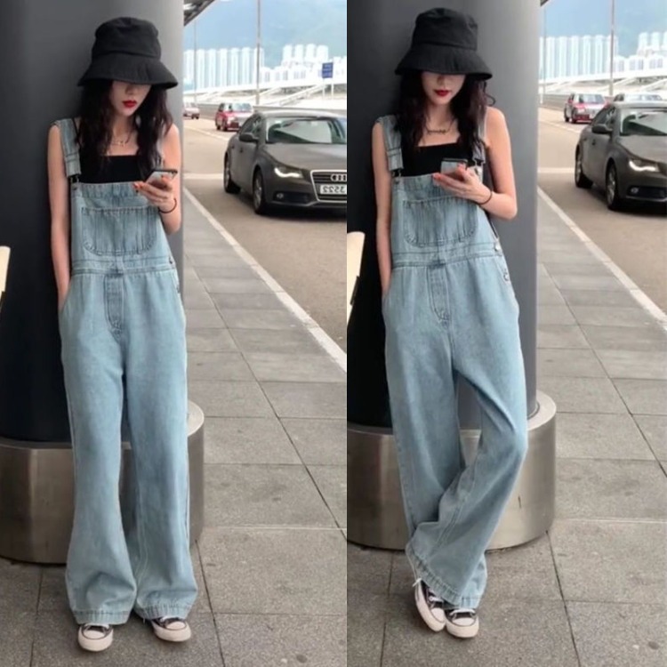 Internet Celebrity Mop Pants 2023 Spring and Summer New Trousers Korean Style Loose plus Size High Waist Wide Leg Jeans Suspender Pants for Women