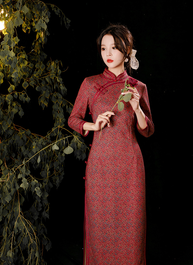 秋冬新款旗袍长袖长款婚庆礼服复古优雅端正立领斜襟修身一件代发
