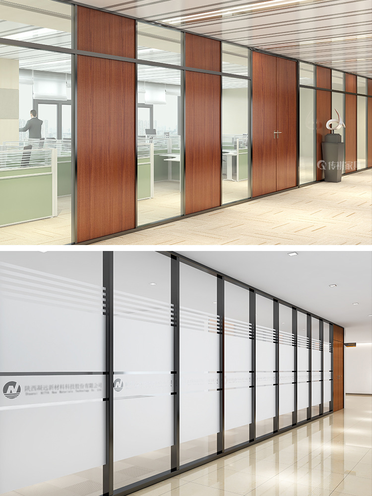 办公室玻璃隔断墙铝合金屏风双层百叶中空钢化磨砂玻璃隔音高隔断