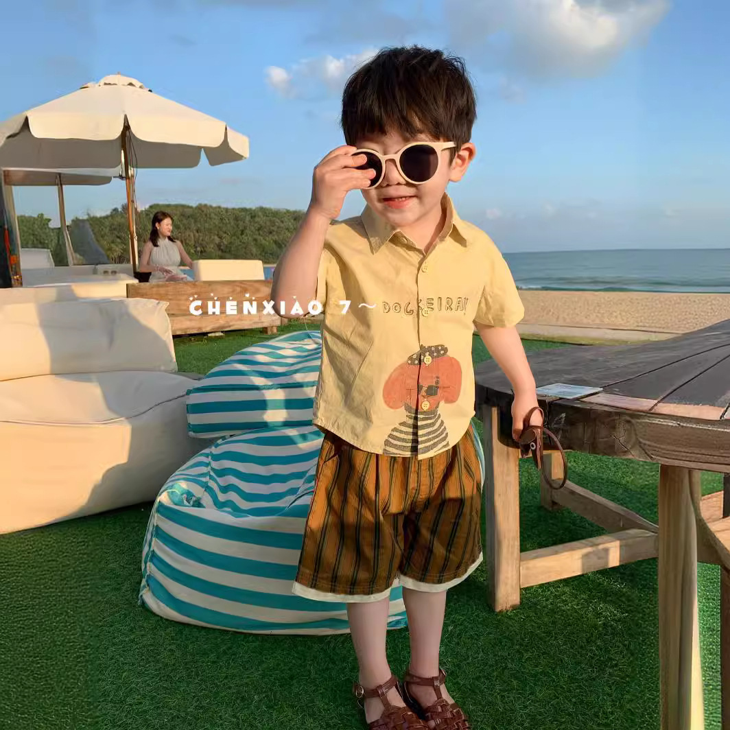 橙小7 24年夏款新儿童衬衫90-130码男童衣服潮条纹短裤童装短袖