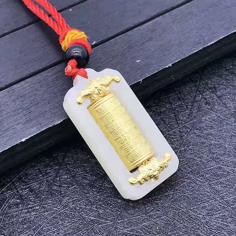 观音佛金镶玉吊坠 和田玉足金转运筒 墨玉百福玉坠批发