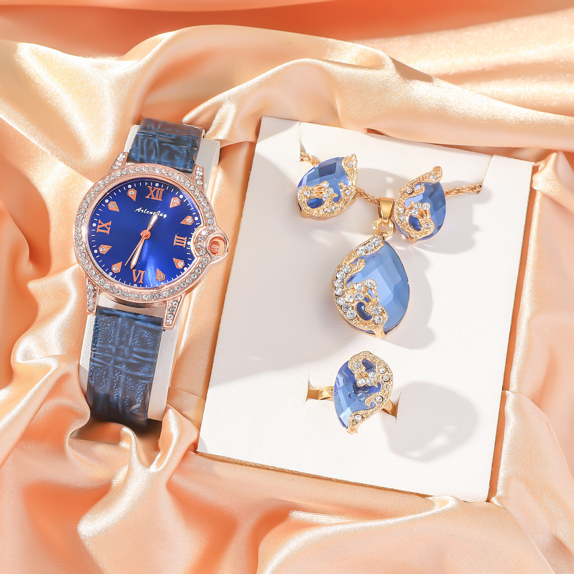 女蓝色时尚清新百搭罗马镶钻表盘手表蓝宝石饰品套装学生