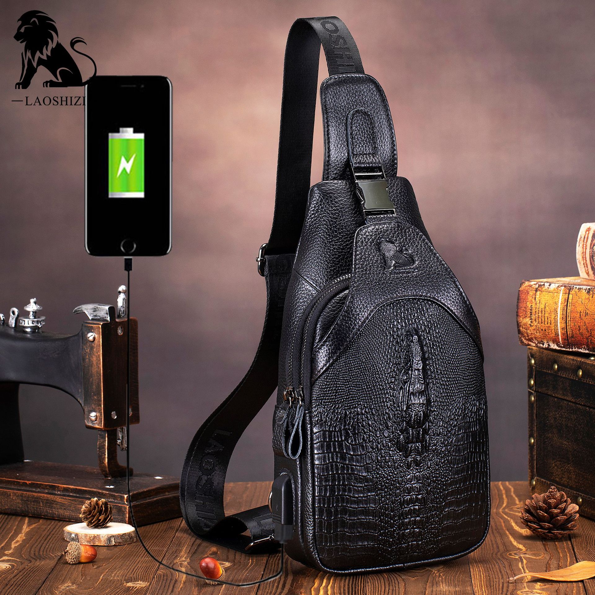 真皮男士胸包头层牛皮斜挎包鳄鱼纹大容量多功能带usb充电胸前包