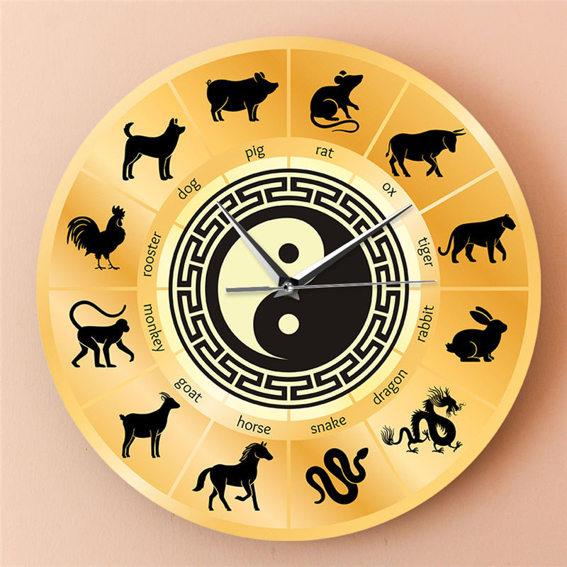 中国十二生肖形象挂钟太极阴阳八卦时钟中国文化家居装饰墙钟跨境