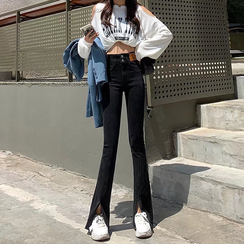 Split Skinny Jeans for Women Spring  New High Waist Slimming Small Bell-Bottom Pants Women Spring and Autumn