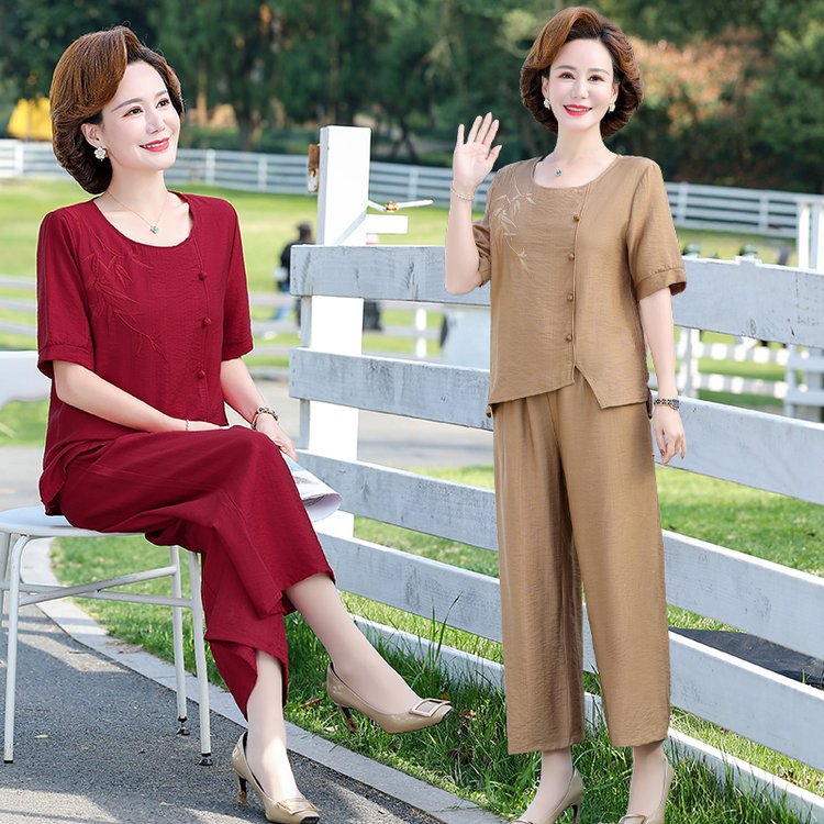 中年妈妈洋气质夏装棉麻短袖套装中老年人女装夏季时尚国风两件套