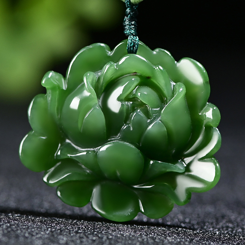 和田玉俄罗斯碧玉牡丹花玉吊坠毛衣链玉坠玉石项链莲花挂件花朵
