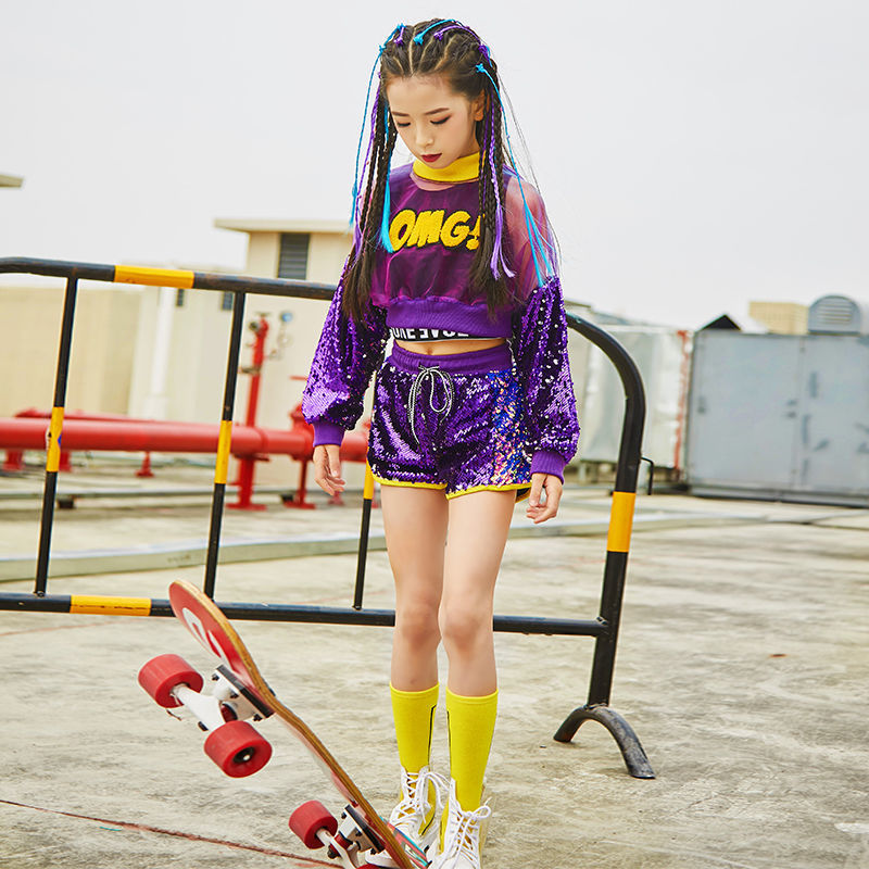 女童爵士舞服装韩版儿童街舞套装露脐亮片架子鼓表演服潮衣夏厂发