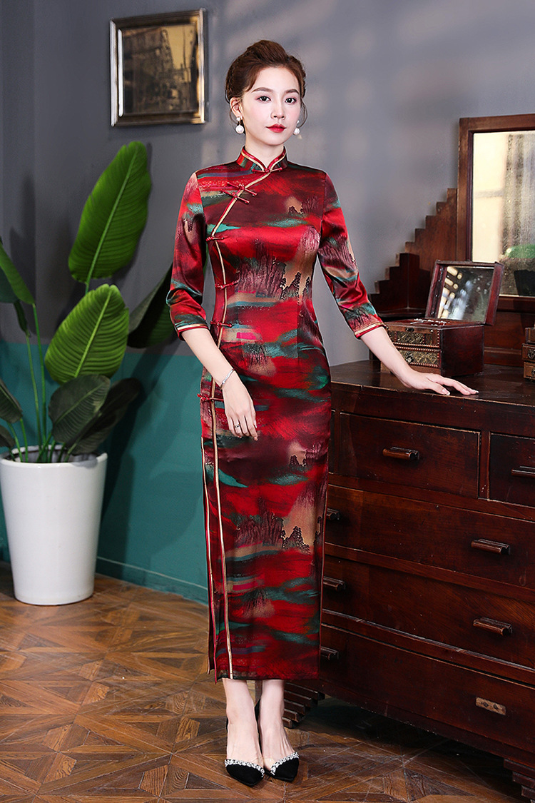 2022秋冬旗袍长款中长袖时尚长裙女红色改良版喜婆婆结婚礼服批发