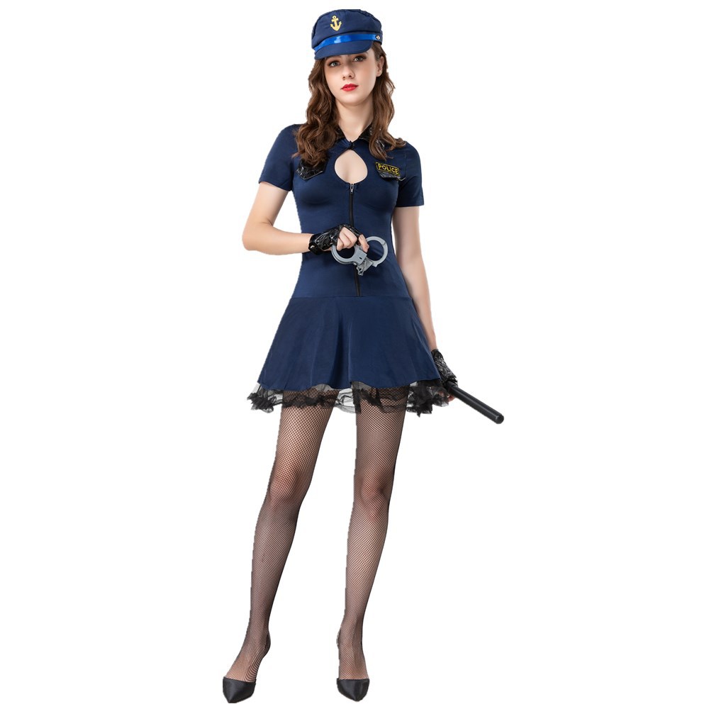 欧美性感女警情趣制服 蓝色拉链警察装 万圣节狂欢派对装 游戏服