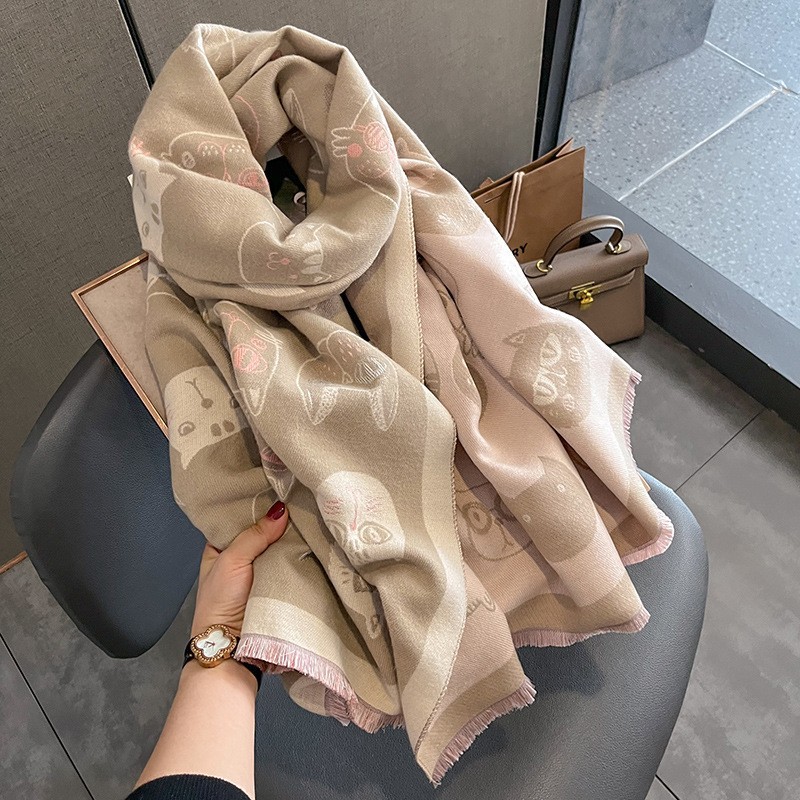 Korean Autumn and Winter New Cat Fashion Artificial Cashmere Scarf Women's Korean-Style Printed Elegant Warm Scarf Air Conditioning Shawl