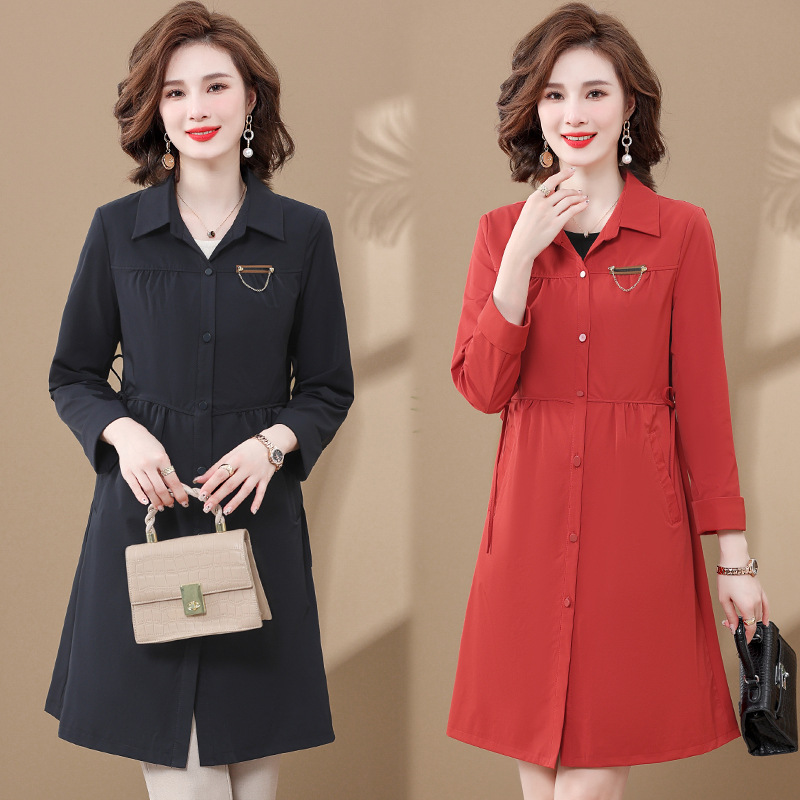 2024春秋妈妈装收腰显瘦中长款风衣外套气质翻领上衣中老年女装