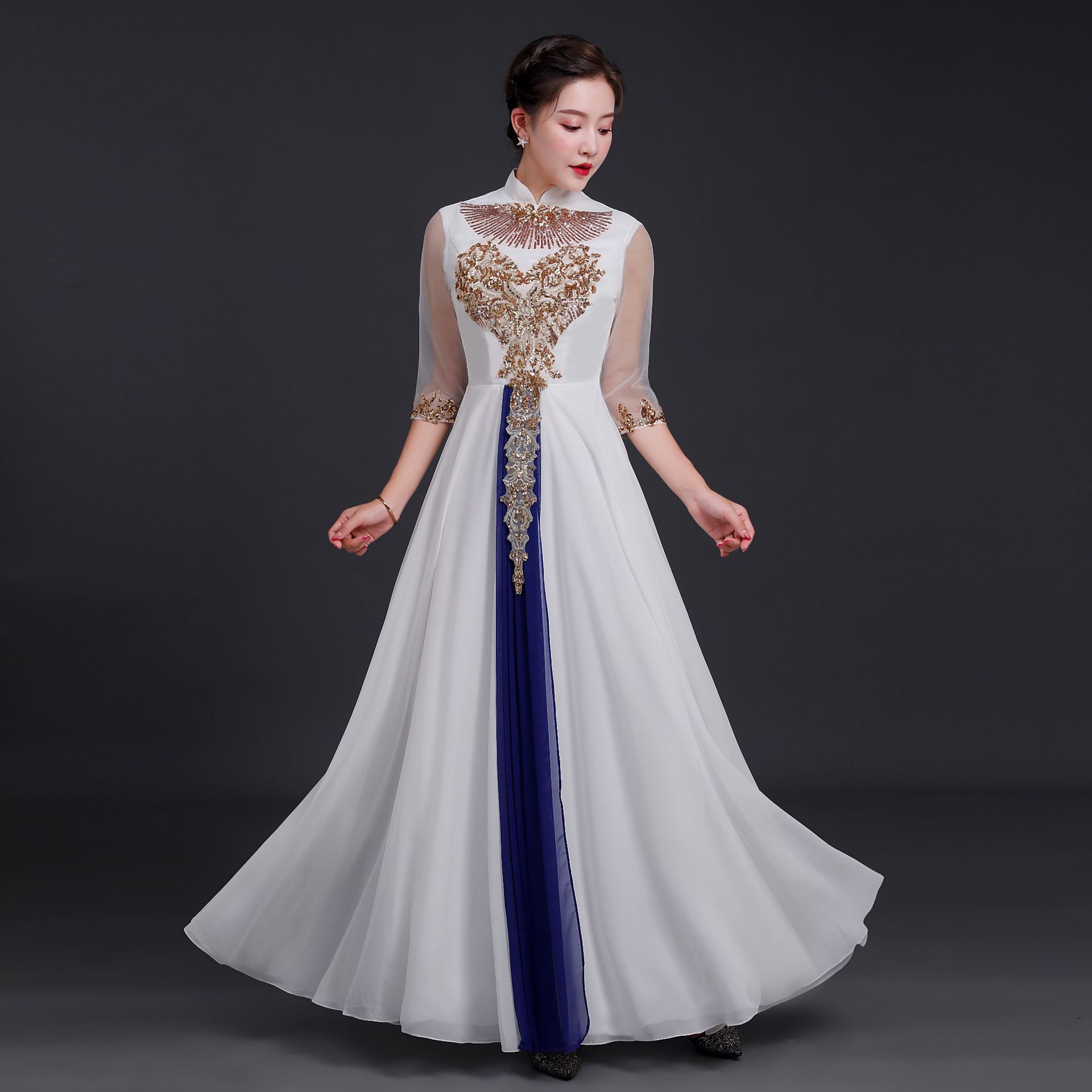 2021新款修身旗袍红蓝白色长裙宴会年会晚礼服大合唱团舞台演出服