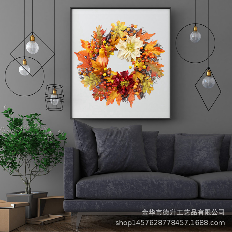 DSEN 2022 Autumn Color Thanksgiving Day Door Hanging Artificial Flower Pumpkin Maple Leaf Heliosphere Garland