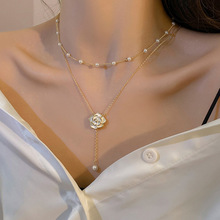 法式轻奢珍珠山茶花双层项链简约气质设计感锁骨链小众淑女范项饰
