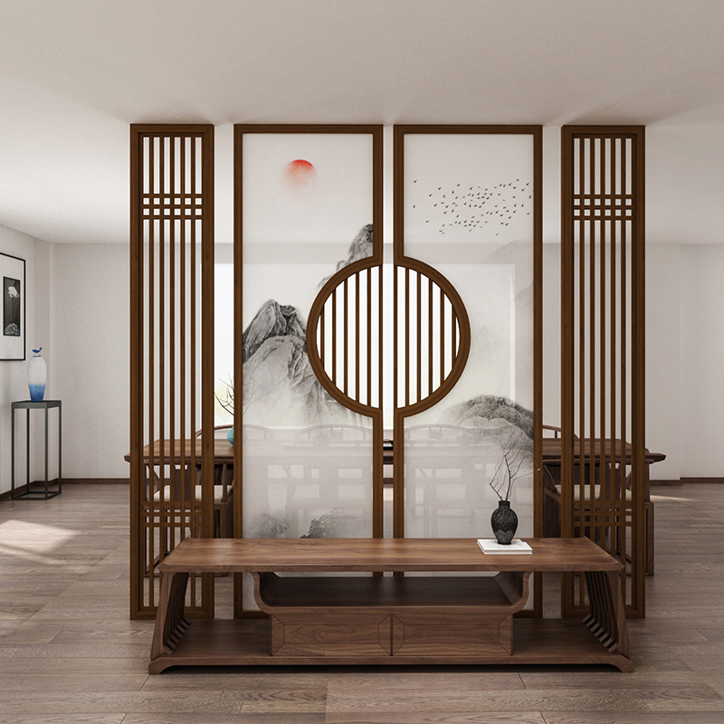 新中式屏风客厅半透乔其纱隔断墙实木玄关欧美式餐厅屏风布艺隔断