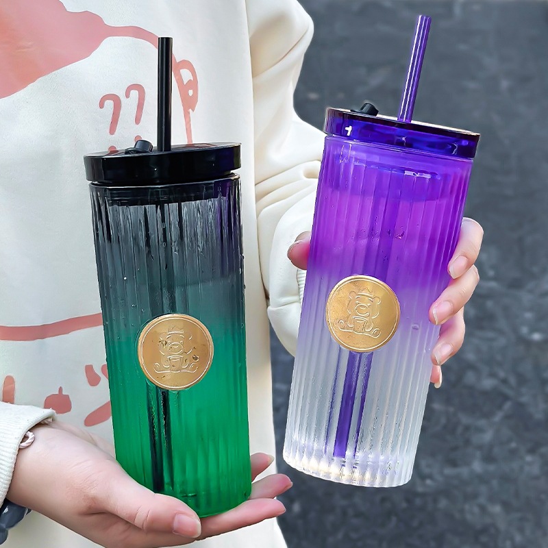 Car Glass Female Good-looking Water Cup New Simple Cup with Straw Household High-Grade Light Luxury Cup with Lid Fashion