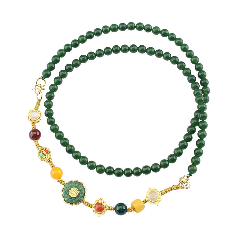 Chinese Style Jade round Beads Multi-Strap Detachable Necklace Woven Hand Strap Chinese Retro Fashion Sweater Chain Women