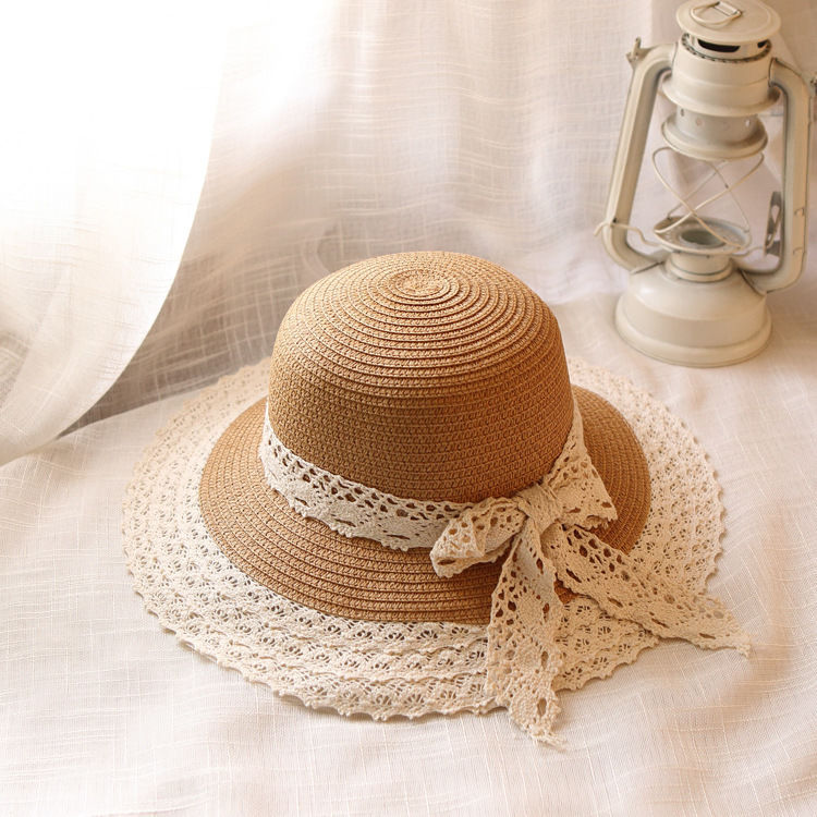 2023 Summer New Uv Protection Lace Bow Straw Hat Summer Little Fresh Sun Protection Sun Hat for Women