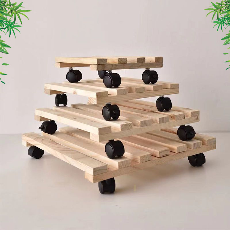 正方形加厚实木可移动花盆托盘底座阳台室外露天防晒架子带万向.