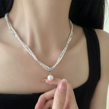 双层碎银子金属珍珠吊坠项链女设计感小众复古个性百搭颈链锁骨链