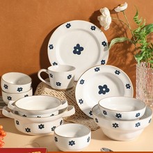 批发釉下彩日式复古碗碟餐具家用陶瓷饭碗汤碗面碗菜盘子粗陶餐具