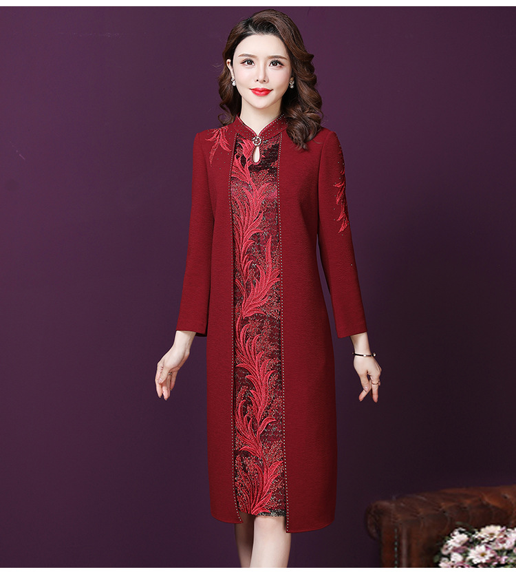 喜婆婆婚宴装2021秋冬新款长袖红色婚礼服婚宴假两件喜妈妈婚宴装