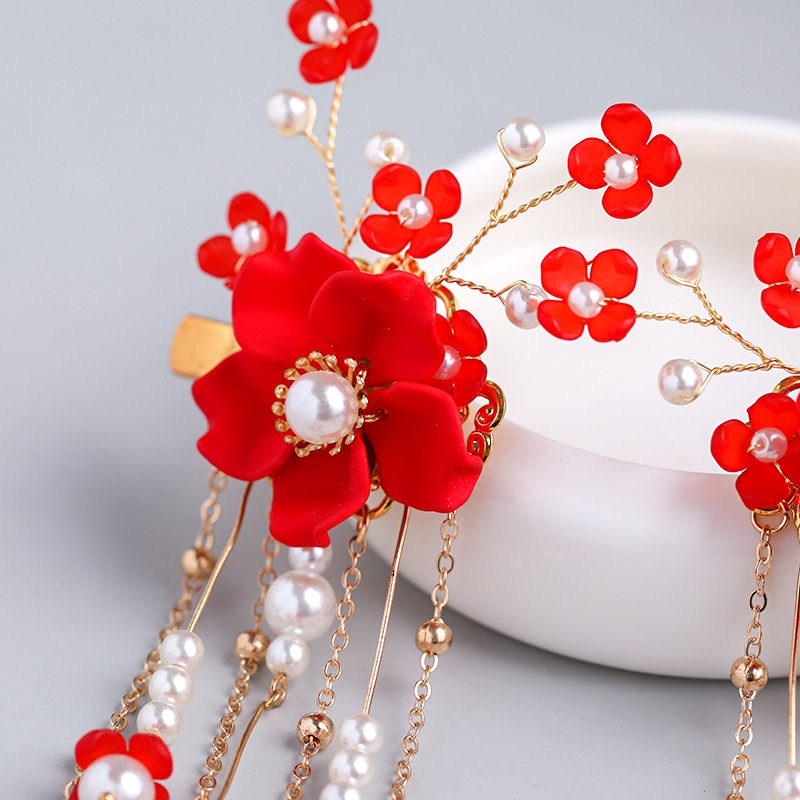 儿童汉服古风头饰演出中国风女童红色发夹发卡古装头花女童发饰品