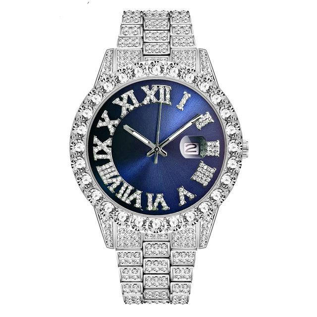 European and American New Water Ghost Big Rhinestone Diamond Men's Watch Roman Scale Calendar Hip Hop Watch Men's Gold Watch Green Full Diamond Watch